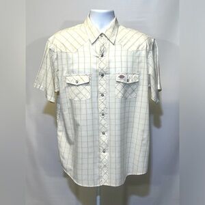 DICKIES Yellow and white plaid pearl snap short sleeve‎ shirt size L.